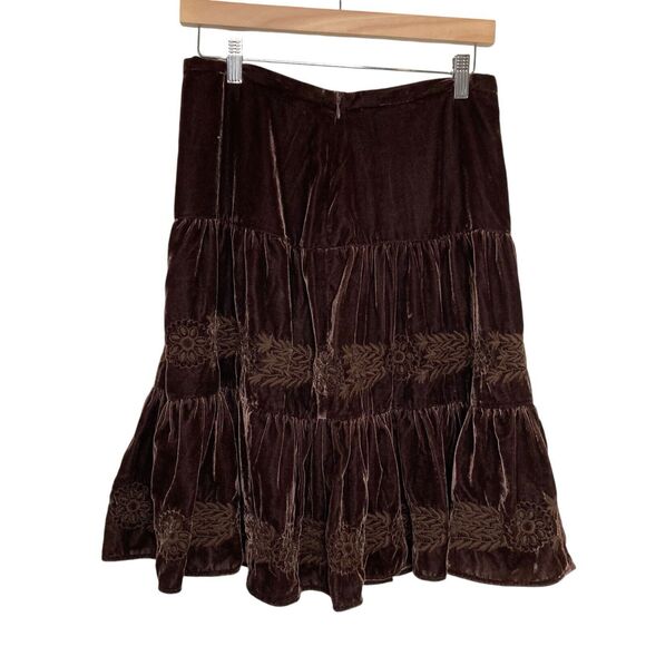 BCBGMaxAzria 90s Tiered Velvet Peasant Skirt Size 2 Brown Rayon Silk Boho - Picture 1 of 11